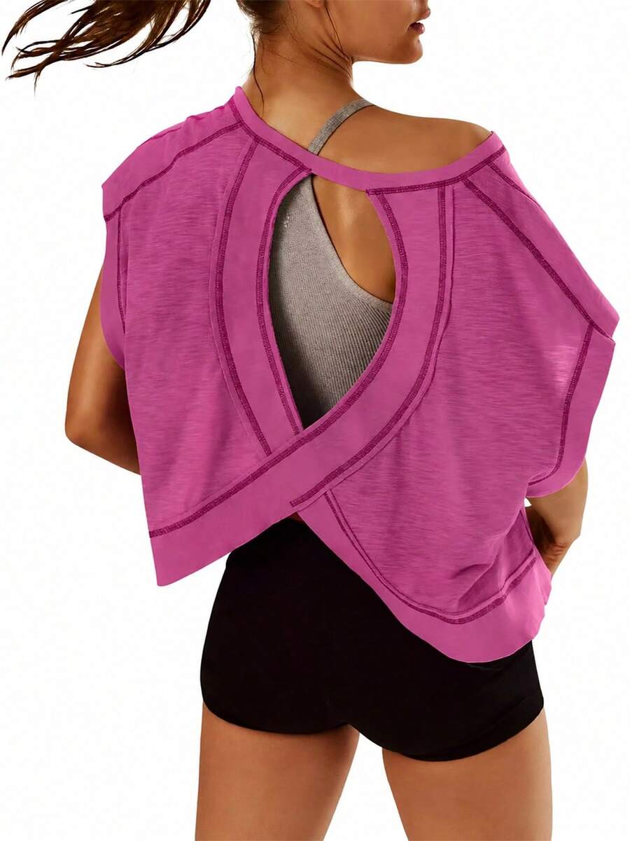 Fnortc Womens Casual Sexy Cotton Blend T Shirt Round Neck Short Batwing Sleeve Backless Cross Back Top - Hồng - Xem 1