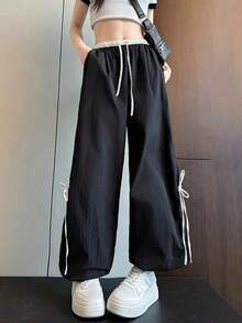 Women's Wide-Leg Trousers With Adjustable Drawstring, Loose Fit And Inspired By Urban Fashion, With Belt Loops And Pockets, Made Of Polyester Fabric With Bow Detail. - 黑色 - 查看 3