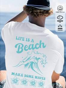 Maglietta a maniche corte con vestibilità ampia da uomo Camiseta de manga corta y cuello redondo clásica para hombres, 100% algodón, ropa casual de primavera y verano para uso diario, ideal para la vida de playa, salidas de verano y uso cotidiano, confeccionada en tela suave y transpirable, con gráfico de ola y mensaje inspirador en la parte trasera, versátil para varias ocasiones: oficina, hogar, actividades al aire libre, estilo retro Vintage  Graphic Tee Retro - Blanco - Ver 3