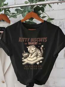 Men's Black 100% Premium Cotton T-Shirt With A "Vintage Illustration Of A Cat Making Bread" Design, Fashionable Short-Sleeved T-Shirt, Casual Loose Fit, Machine Washable, Urban Print T-Shirt, Casual Wear, Adult Top, Gift Idea. - 黑色 - 查看 1