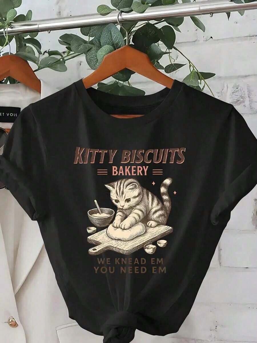 Men's Black 100% Premium Cotton T-Shirt With A "Vintage Illustration Of A Cat Making Bread" Design, Fashionable Short-Sleeved T-Shirt, Casual Loose Fit, Machine Washable, Urban Print T-Shirt, Casual Wear, Adult Top, Gift Idea. - 黑色 - 查看 1