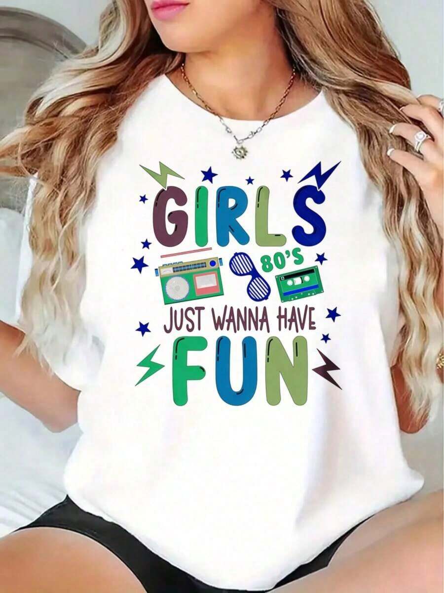 Women's Retro Casual And Modern Style T-Shirt, 80s 'Just Wanna Have Fun' Graphic Print, Summer Clothes, Gift For Her, Everyday Wear - 白色 - 查看 1