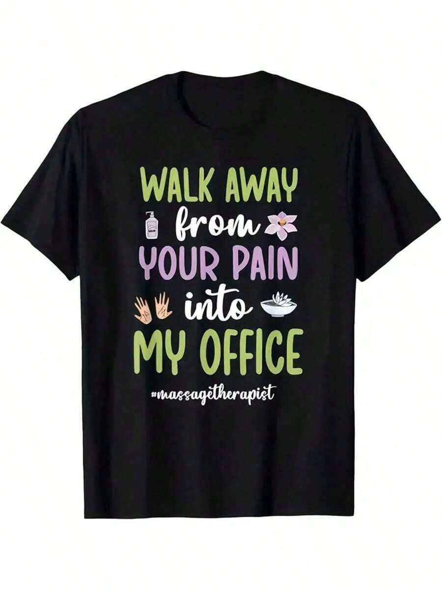 Plus Size, Women's Plus Size Black Massage T-Shirt - Slogan "WALK AWAY From YOUR Into MY OFFICE" And Massage Icons (Soap Dispenser, Hands, Flower, S) - Clothing For Therapists, Spa, Short Sleeve Crew Neck Top - 黑色 - 查看 1