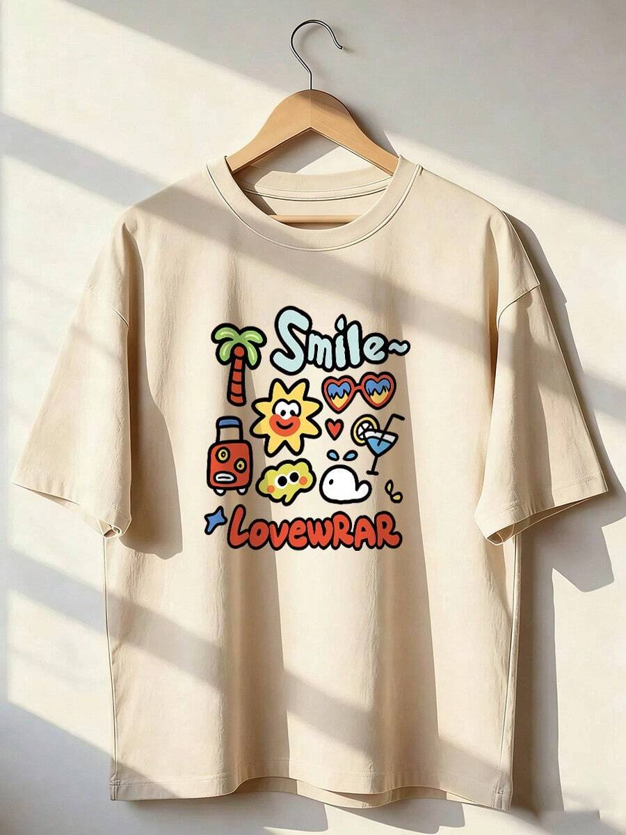 Summer Cartoon T-Shirt With "Smile~" Text, Fashionable Short-Sleeved T-Shirt For Spring And Summer 2026, Made In Mexico, 180 Grams. Cartoon Print, Couple Design, Suitable For Indoor Or Outdoor Wear. Crew Neck, Unisex, Ideal For Office And Leisure. One-Pack. - APR-P631577SLNDXZGY595 - 查看 1