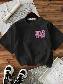 | Exquisite Design | Loose And Comfortable | Easy To Match | [Double-Sided Print] Women's Spring/Summer T-Shirt, Vintage Style, "Nope Not Today" Letter And Star Print, Pure Cotton, Casual Daily Wear, Short Sleeve, Round Neck, Women's T-Shirt - 黑色 - 查看 2