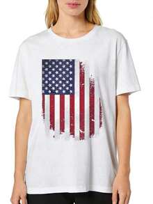 Camiseta de manga corta para mujer, suave y cómoda, con estampado gráfico de la bandera estadounidense para el 4 de julio, rojo, blanco y azul con estrellas y rayas, ideal para atuendos casuales y elegantes, ligera y transpirable, lavable a máquina, corte regular, cuello redondo. - Blanco - Ver 2
