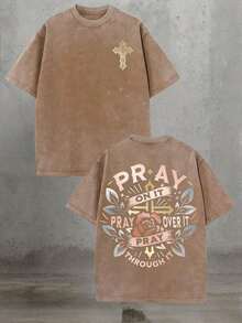 Golden Cross Floral Pray On It Vintage Oversized Graphic Tee, Religious Summer Top For Unisex - 咖啡棕 - 查看 6
