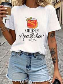 Camiseta Casual de Manga Corta con Cuello Redondo para Mujer - Estampado Gráfico "Hallo Aperolchen" con Diseño de Cóctel Aperol Spritz, Camiseta Ligera de Primavera Verano para Atuendo Casual, Atuendo para Fiesta de Cóctel, Camiseta con Diseño Divertido, Camiseta de Corte Relajado - Blanco - Ver 7