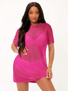 Vestido de hombros caídos de malla transparente - Rosa Fucsia - Ver 5