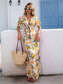 Vestido largo estilo maxi para verano con escote en V profundo, cierre delantero, abertura en la cintura y bajo con abertura - amarillo ganso - Ver 4