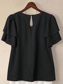 Linhara Blusa casual de verano de talla grande para mujer, de unicolor, cuello redondo, manga corta de doble capa, plisada, de moda versátil para vacaciones - Negro - Ver 2