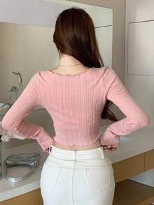 Camiseta de mujer de manga larga con rayas texturizadas y decoración de botones con forma de corazón en color rosa, adecuada para primavera y verano estilo Y2K - Rosa 2 - Ver 4