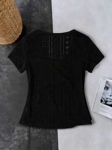 Camiseta casual de mujer de manga corta, cuello en V, fruncida y ajustada de unicolor - Negro 2 - Ver 2