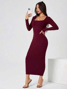 Vestido largo de manga larga con cuello cuadrado color negro sólido ajustado, vestido elegante de manga larga para mujer con cuello cuadrado, ajuste ceñido, manga recta, liso, para uso diario casual en primavera/otoño - Burdeos - Ver 5