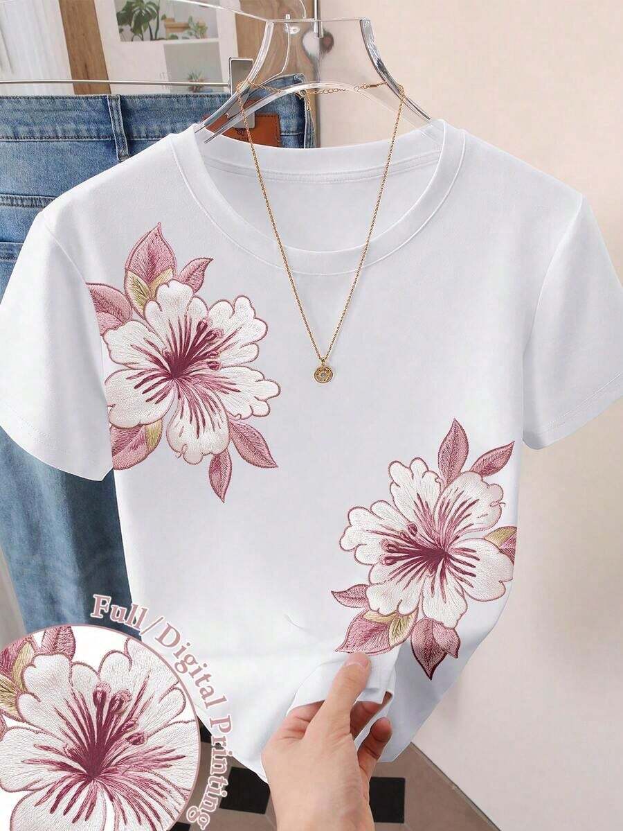 Camiseta casual para mujer, gris, nuevo diseño de verano, cuello redondo, estampado de cerezas dulces, diseño gráfico, estilo estudiantil, ajuste versátil minimalista, adecuado para uso diario, al aire libre, viajes, cómodo, esencial para mujeres - Blanco 2 - Ver 1