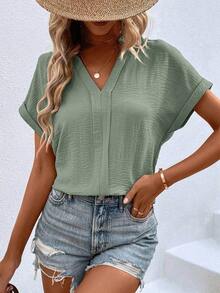 Blusa de mujer de unicolor y cuello en V minimalista de manga corta - Gris - Ver 5