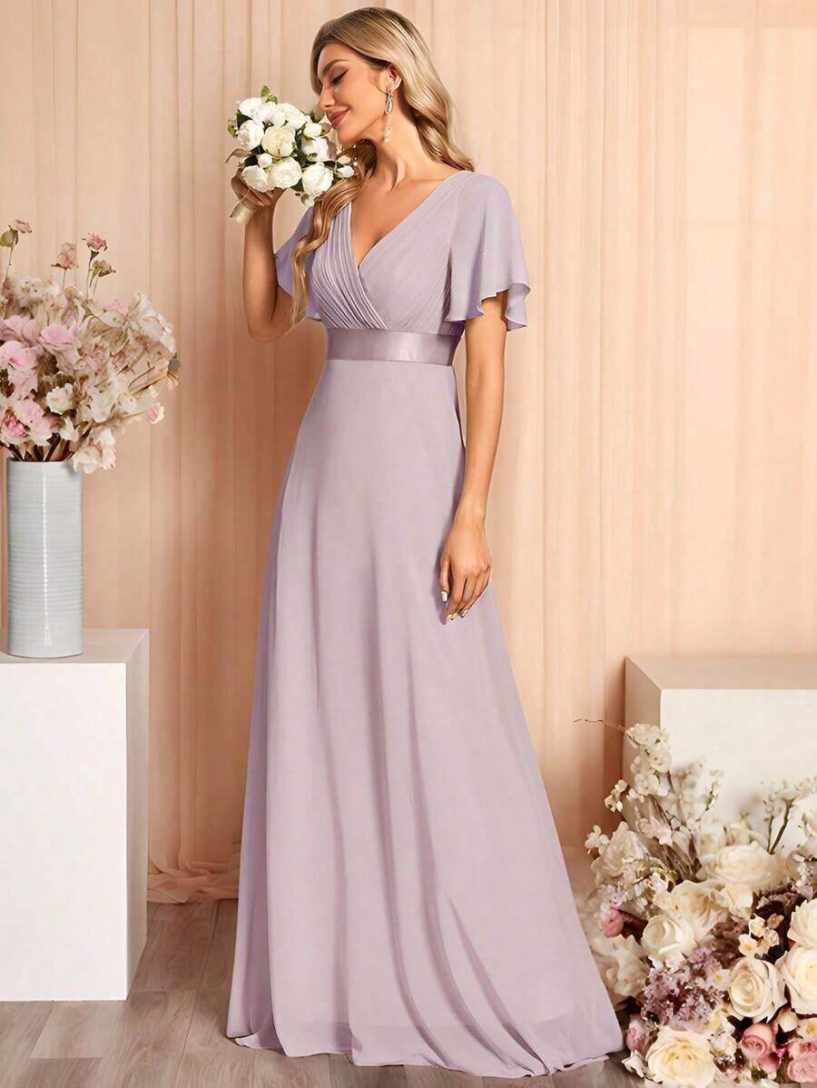 Vestido de dama de honor con cuello en V elegante, mangas con volantes y mariposa, color verde salvia, vestido de invitada de boda, vestido de primavera semi-formal para boda, fiesta de cumpleaños, graduación, Día de San Valentín - Púrpura malva - Ver 1