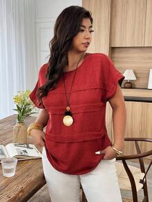 Blusa holgada de mujer talla grande con cuello redondo, mangas de murciélago y lunares en contraste, adecuada para uso diario y vacaciones, primavera/verano - Rojo - Ver 4