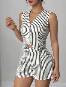 Conjunto de 2 piezas de chaleco y shorts casuales a rayas para mujer de verano - Blanco y Negro - Ver 4