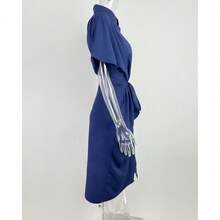 Elegant Women's Spring Shirt Dress, Sensual Print, With Adjustable Ties, Refined Style - 藍色 - 查看 4