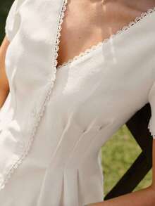 Blusa ajustada con patchwork de encaje floral elegante y vintage, camisa de manga corta color albaricoque para mujer, primavera/verano - Blanco - Ver 7
