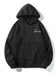 Men's Casual Fashion StreetStyle Hoodie, Graphic Print, Kangaroo Pocket, Drawstring Design, Fall Style - Black - View 2