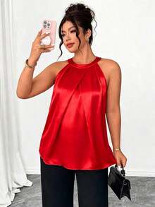 Camiseta sin mangas con pliegues 3D elegante para mujer de talla grande, versátil para fiesta, té de la tarde, ir al trabajo, color caqui - Rojo - Ver 3
