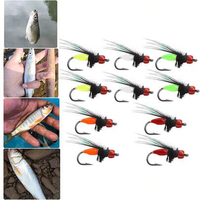 10pcs Fly Fishing Lure And Hook Set, Suitable For Bass, Trout And Salmon Fishing. Includes Mini Lures, Insect Shaped Lures And Matching Hooks, Available In 5 Colors To Suit Different Lighting Conditions And Environments.