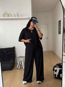 Conjunto de dos piezas de camiseta hombros descubiertos y pantalón ancho de chándal para mujer talla grande, minimalista, ropa de calle, uso diario, salir, deporte, cómodo - Negro - Ver 2