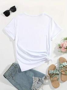 Women's Casual Cotton Crew Neck T-Shirt - Korean "Annyeong" Hello Print, High Elasticity Crew Neck, Machine Washable, Comfortable For All Seasons, Cute T-Shirt. Simple T-Shirt For Everyday Wear. - 白色 - 查看 3