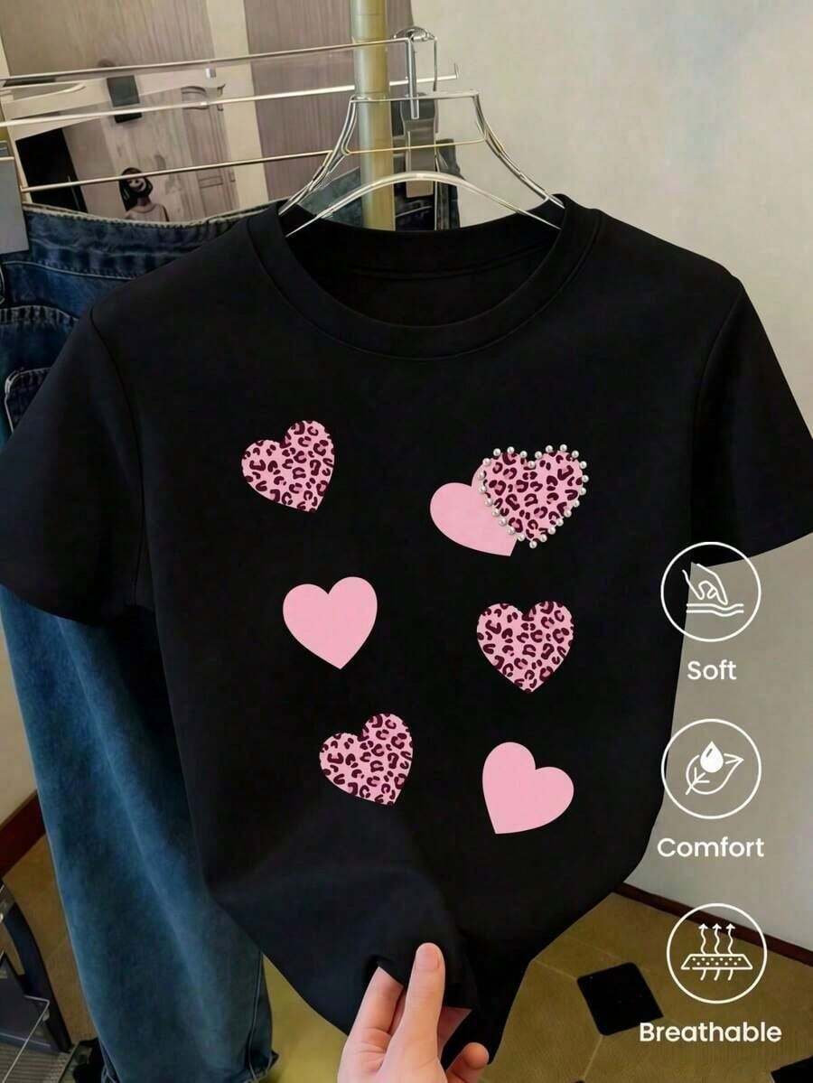 Short-Sleeved T-Shirt For Spring/Summer 2026, Made In Mexico, 180 Grams. Cartoon Print, Couple Design, Suitable For Indoor Or Outdoor Wear. Crew Neck, Unisex, Ideal For Office And Leisure. One-Pack. - 黑色 - 查看 1