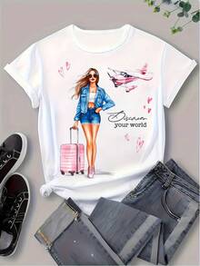 Camiseta unisex de manga corta, camiseta con estampado gráfico para mujer - Top casual de manga corta con cuello redondo y diseño elegante de verano, poliéster ligero para primavera y verano, top de verano.| Ropa Casual de Moda| Stylish Prinplayeras hombre,spiderman,, mujer,romwe men,boho chic,maestras regalos,camiseta para mujerconjuntos curvy para mu,y2k, - Blanco - Ver 6