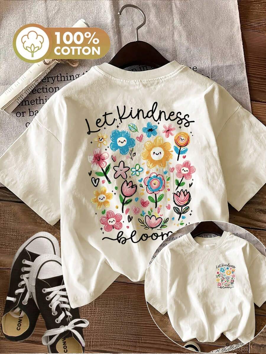 Women's Short Sleeve Summer T-Shirt, Casual Style, [Double-Sided Print], Spring/Summer Clothes, Fun Style, Floral Heart Print With The Phrase "Let Kindness Bloom", Pure Cotton, Casual Fashion, Regular Fit, Round Neck. - 杏色 - 查看 1