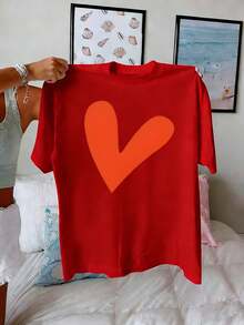 1 pieza de camiseta de algodón puro para mujer, con cuello redondo, diseño sencillo, estampado de anime con letras a la moda y forma de corazón, 180g 100% algodón. - Blanco - Ver 7