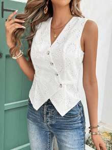 Frenchy Blusa informal de mujer con botones delanteros y sin mangas a rayas, conjunto de ropa de oficina para mujer, ropa de mujer para invierno, atuendos de otoño, camisa blanca de mujer, blusas sin mangas - Blanco - Ver 4