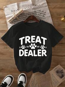 Women's Dog Design T-Shirt - Short Sleeve Round Neck Summer Top, Printed With Adorable Puppy Paw Prints And Paws, Casual Clothes For Pet Owners, Machine Washable Pet Themed T-Shirt. - 黑色 - 查看 6