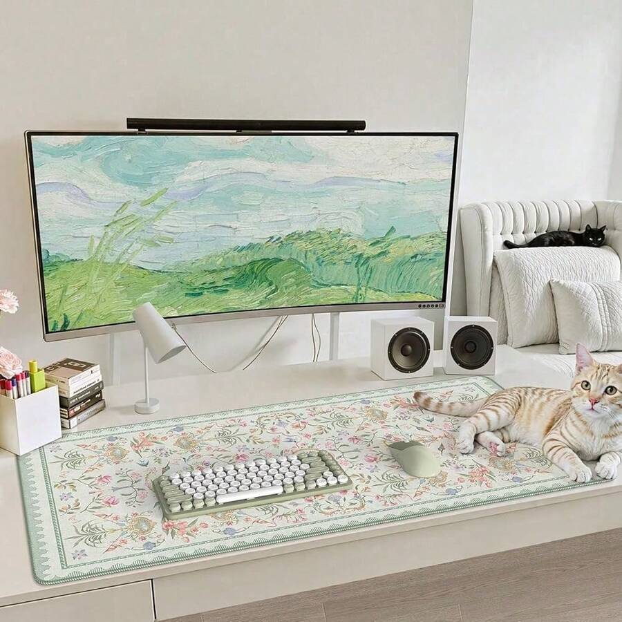 1 pièce Tapis de protection de bureau (gris-vert) - Un tapis de bureau extra-large et un tapis de clavier en caoutchouc antidérapant. Avec un charmant motif floral conçu spécifiquement pour les femmes, ce tapis d'ordinateur est parfait pour une utilisation au bureau, à la maison ou dans un dortoir. - Tapis de souris - Voir 1