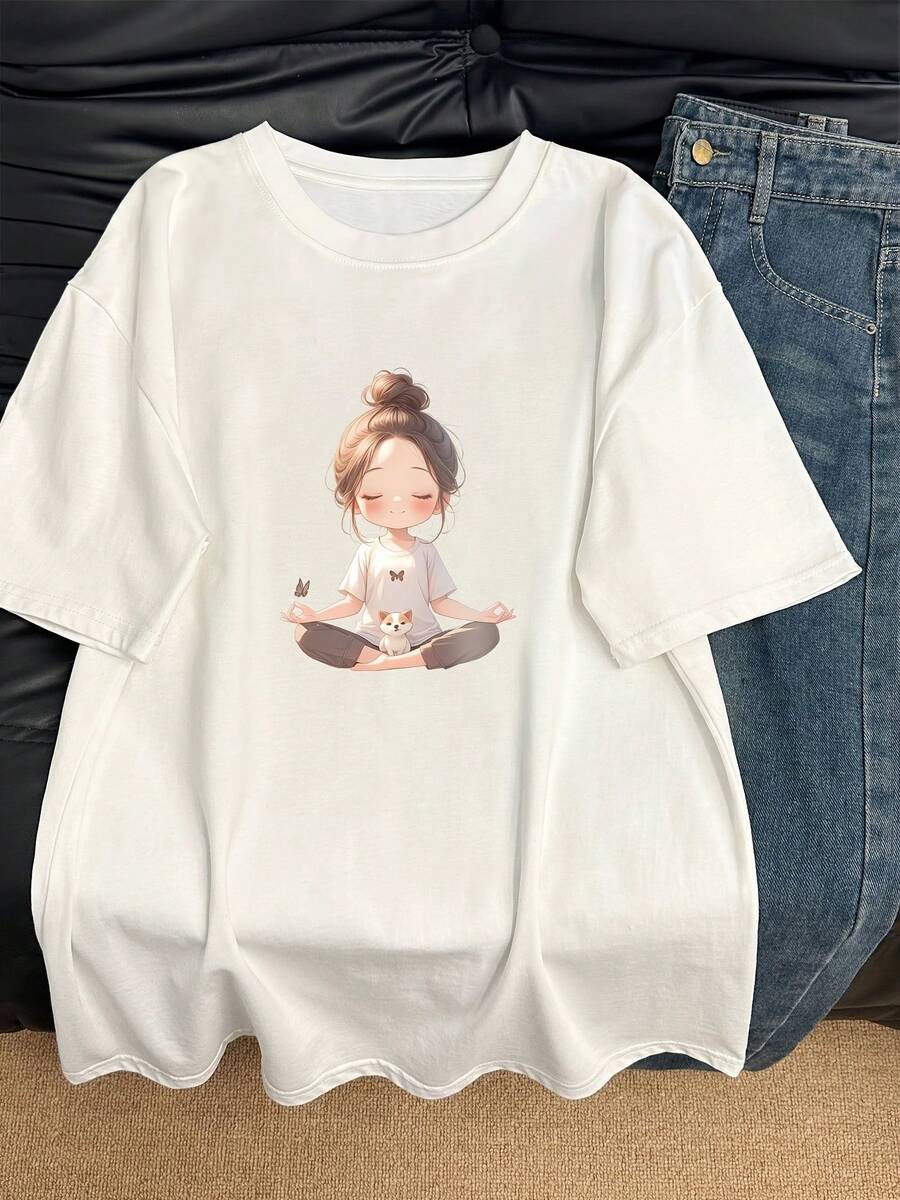 Women's Summer Casual Graphic T-Shirt | Casual T-Shirt With Cat And Meditation Print, Crew Neck, Loose Fit, Breathable, Machine Washable, Korean-Japanese Style, Non-Stretch Fabric, Urban Style, Soft Material, Graphic Print T-Shirt - 白色 - 查看 1