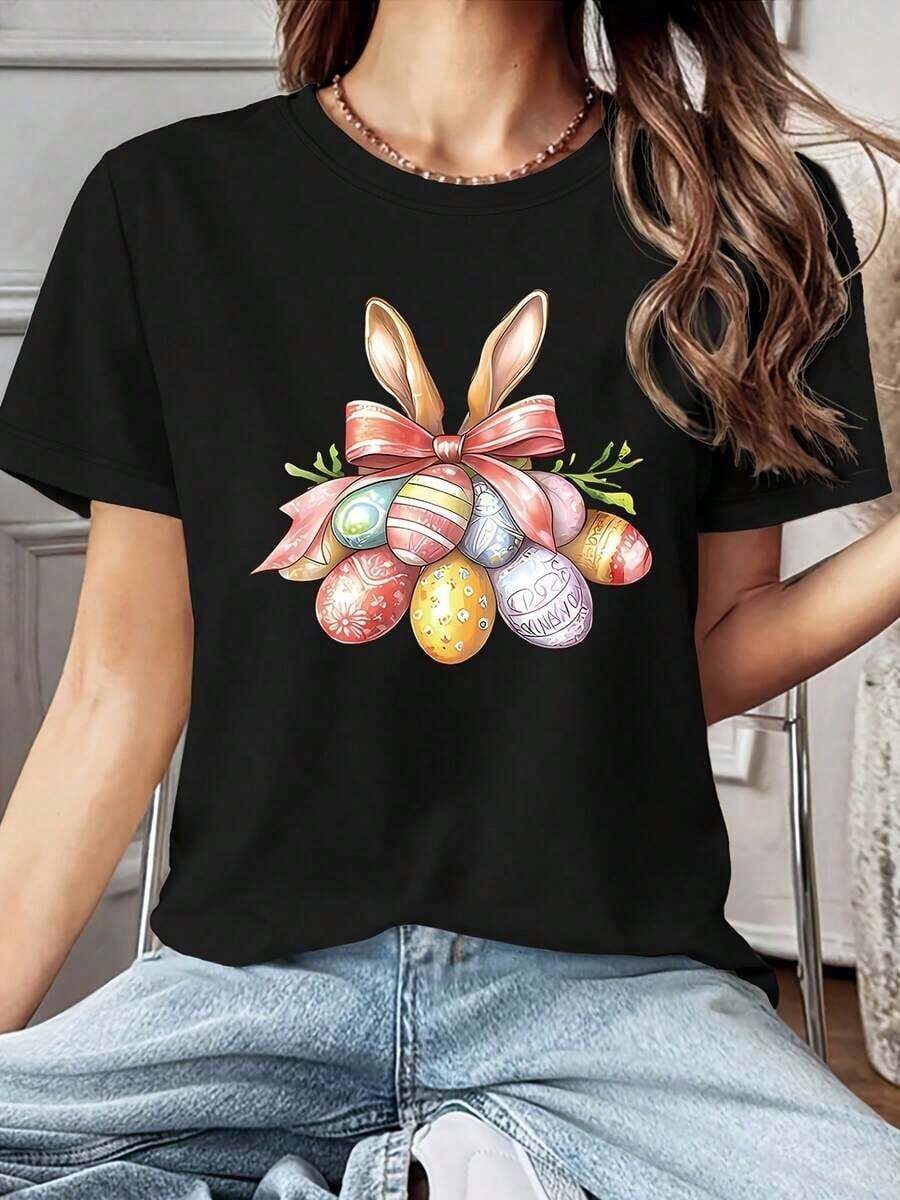 1 Piece Of Women's Round Neck T-Shirt For Spring And Summer, With A Creative Design Of Easter Bunny Ears, Bow And Egg Bouquet, Perfect For Casual Wear, Holiday Parties, Gifts, Shopping Trips And Stylish Vintage Elegance. 180g 100% Cotton. - 黑色 - 查看 1