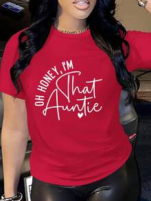 Women's T-Shirt With "Oh Dear, I'm That Aunt" Print - Casual Round Neck Top In Bright Pink, With White Lettering And Heart Design, Machine Washable, Comfortable For All Seasons, Casual Wear, Durable Fabric. - 紅色 - 查看 1