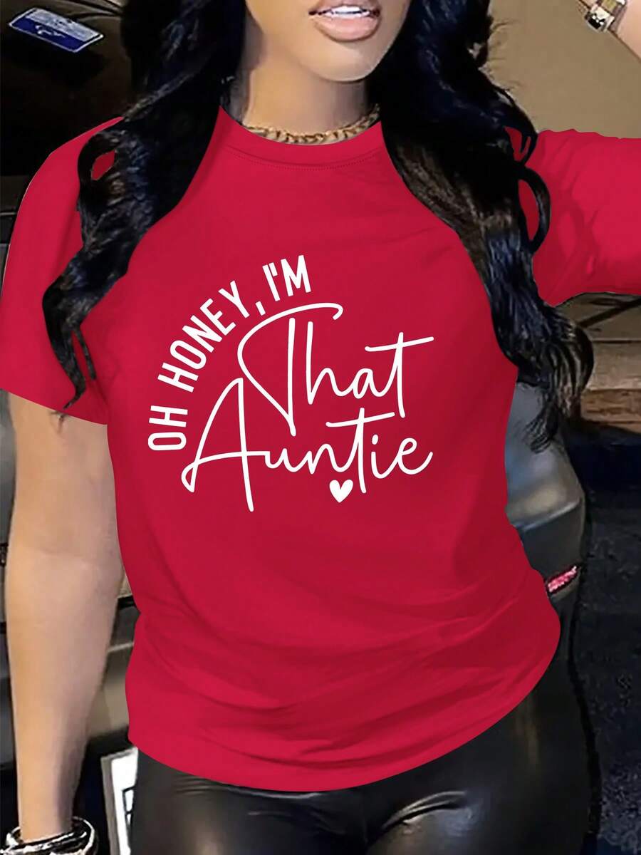Women's T-Shirt With "Oh Dear, I'm That Aunt" Print - Casual Round Neck Top In Bright Pink, With White Lettering And Heart Design, Machine Washable, Comfortable For All Seasons, Casual Wear, Durable Fabric. - 紅色 - 查看 1