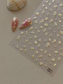 1 张金属金色美甲贴纸，3D 立体海洋生物和贝壳图案，优雅海洋风美甲配件 - 金色 - 查看 3