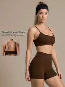 2pcs Women's Classic Spaghetti Strap Sports Bra And High Waist Deep V Lifting Shorts, Activewear For Running, Fitness, Cycling, Spring/Summer - 棕色 - 查看 8