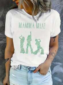 Women's Short-Sleeved T-Shirt, 100% Cotton, Printed With "Y2K Retro Mamma Mia!" Sequin Textured Silhouette, Machine Washable, Breathable, And Comfortable To Wear. Suitable For Streetwear, Parties, Social Events, Music Festivals, Bars, Daily Commutes, Outdoor Travel, And Can Be Worn Casually In Spring, Summer, And Autumn. - 白色 - 查看 1