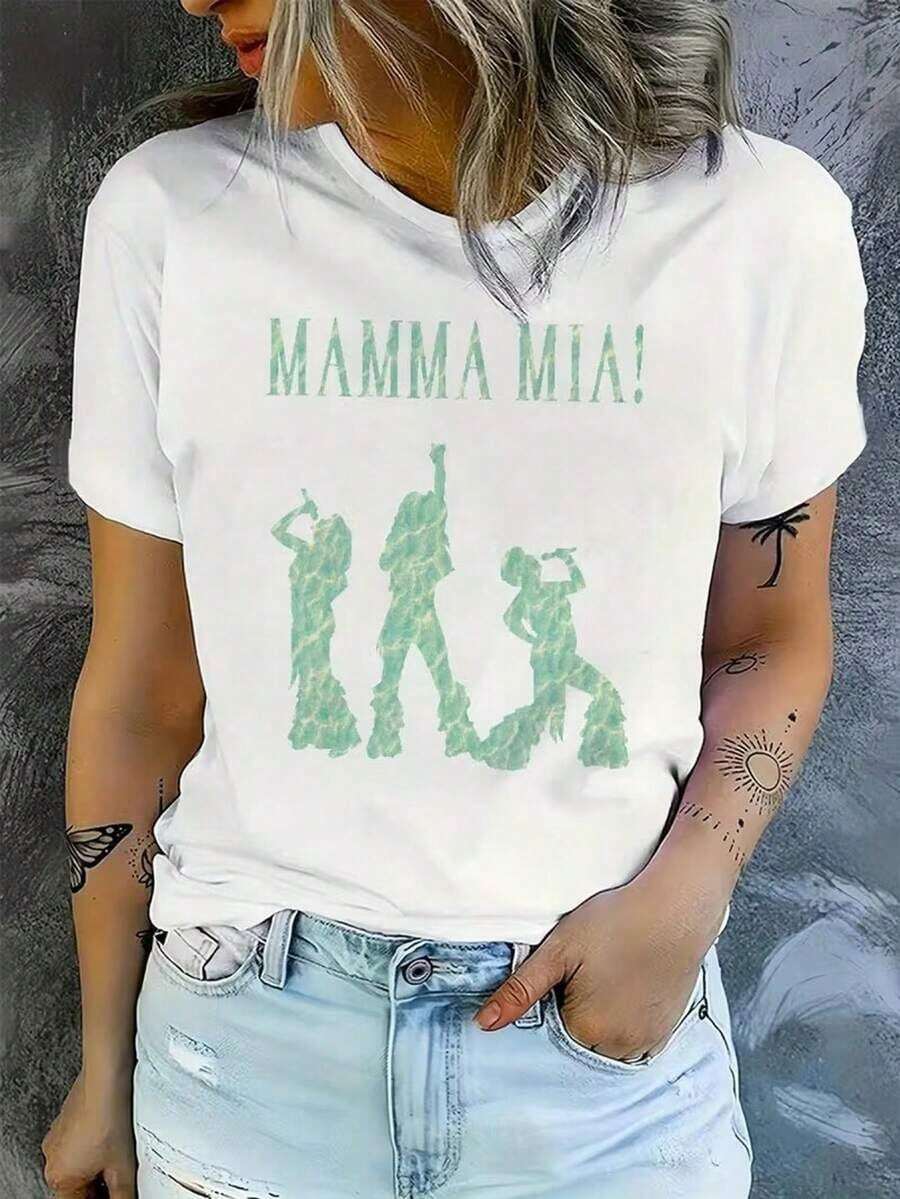 Women's Short-Sleeved T-Shirt, 100% Cotton, Printed With "Y2K Retro Mamma Mia!" Sequin Textured Silhouette, Machine Washable, Breathable, And Comfortable To Wear. Suitable For Streetwear, Parties, Social Events, Music Festivals, Bars, Daily Commutes, Outdoor Travel, And Can Be Worn Casually In Spring, Summer, And Autumn. - 白色 - 查看 1