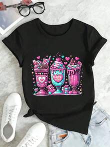 Luxury  Women's T-Shirt With Colorful Milkshake Print, 100% Cotton, Loose Fit, Urban Hip-Hop Style, Breathable. Everyday Wear Graphic - 黑色 - 查看 3