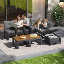 Multifunctional Garden Furniture Set With 3-Position Adjustable Backrest And Reclining Function, Thick And Comfortable Cushions, Storage Space And Weather-Resistant Polyester Cover – For Patio, Balcony And Garden. Beige - 灰色 - 查看 2