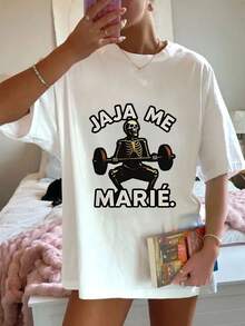 1 Women's Blouse, Beautiful Blouses For Women, Women's Clothing Sets, 180G Black And White T-Shirt With Skeleton Print High Quality Print On Round Neck, Basic Loose Fit, Breathable, Versatile, Machine Washable, Comfortable, Size S ~ 3XL, Daily, Casual, Sporty, Essential, Summer. - 白色 - 查看 1