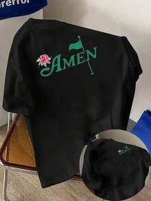 New Men's T-Shirt, 180g Weight, % Cotton, With Prints Of The Word Amen And The Church Flag On The Front And Back, A Modern Short-Sleeved T-Shirt, Suitable For Everyday Casual Wear And Outdoor Fitness Activities, With A Unique Double-Sided Pattern Design - To Be Layered In Spring And Autumn Or Worn Alone In Summer, Unisex Style. - 黑色 - 查看 11
