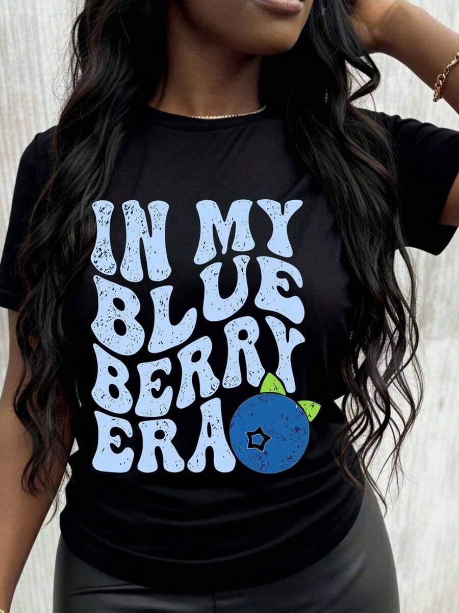 "In My Blueberry Era" Women's T-Shirt, Casual Graphic Print T-Shirt, Fashion Top, Summer Outfit - 黑色 - 查看 1